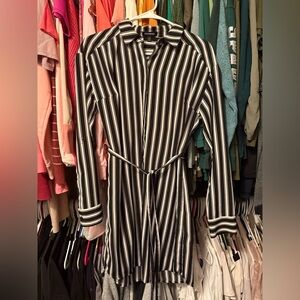 Express Black White Stripe Shirt Dress Belted Long Sleeve Collared Small